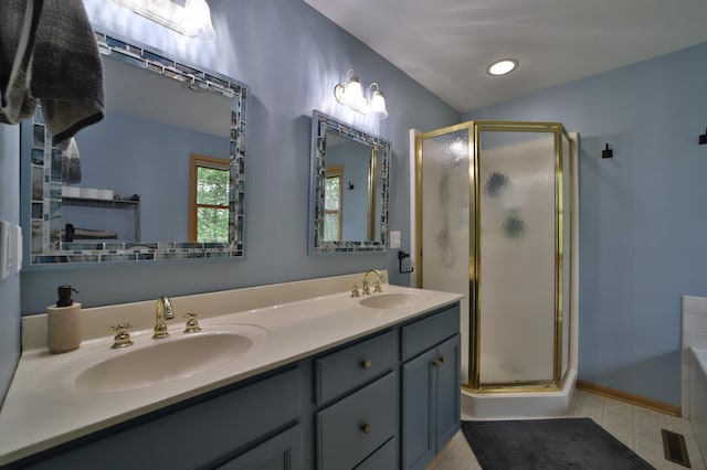 4741 Briarwood Ln, Baxter, MN 56425 - bathroom with a shower stall, double vanity, a bath, recessed lighting, and tile patterned flooring