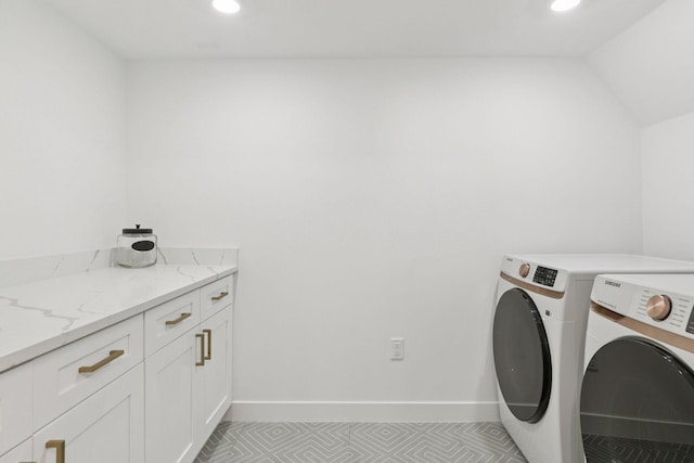 1022 Fairview Ave S, Saint Paul, MN 55116 - washroom featuring washer and clothes dryer, recessed lighting, cabinet space, and baseboards