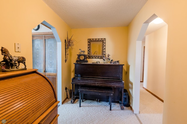 28040 Anchor Rd, Detroit Twp, MN 56501 - sitting room with arched walkways, carpet floors, and a textured ceiling