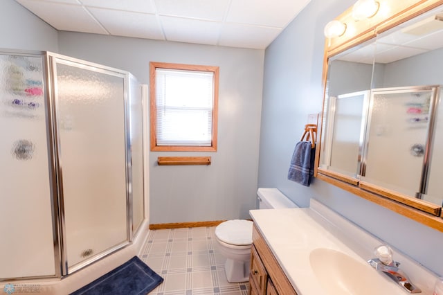 28040 Anchor Rd, Detroit Twp, MN 56501 - full bath with tile patterned floors, a stall shower, baseboards, and a drop ceiling