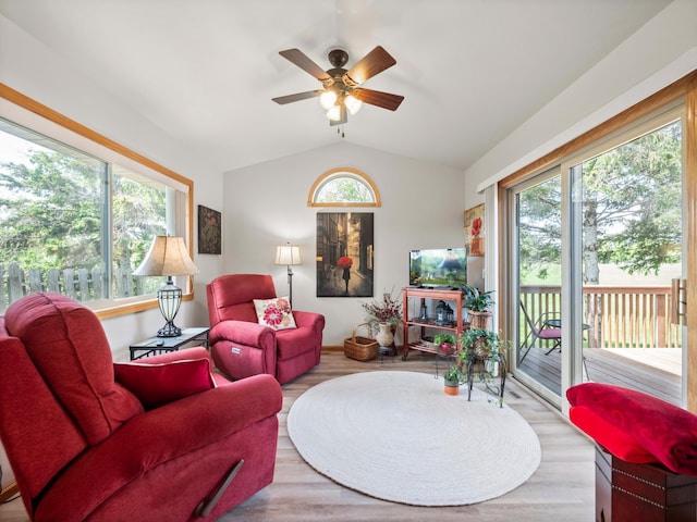 509 Kinkead Dr NW, Alexandria, MN 56308 - living room with vaulted ceiling, healthy amount of natural light, wood finished floors, and a ceiling fan