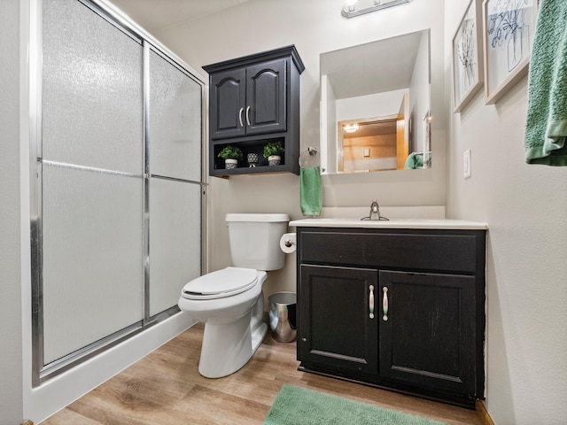 509 Kinkead Dr NW, Alexandria, MN 56308 - bathroom with wood finished floors, a shower stall, toilet, and vanity