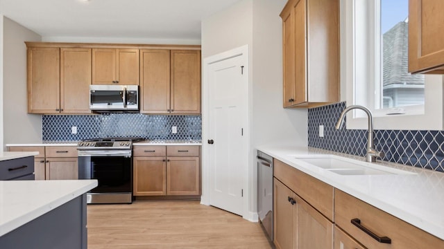 kitchen featuring stainless steel appliances, a sink, decorative backsplash, and light wood-style flooring