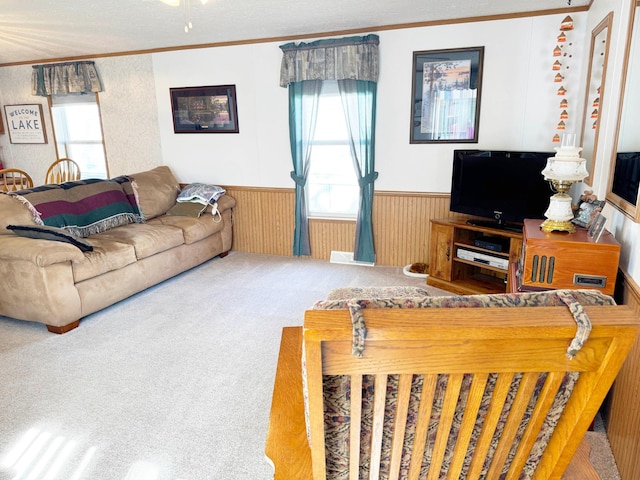 20429 326th Ave Unit 15, Isle, MN 56342 - living area with a wainscoted wall, plenty of natural light, ornamental molding, and carpet flooring