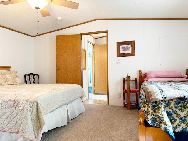 20429 326th Ave Unit 15, Isle, MN 56342 - carpeted bedroom with crown molding, lofted ceiling, ceiling fan, and a textured ceiling