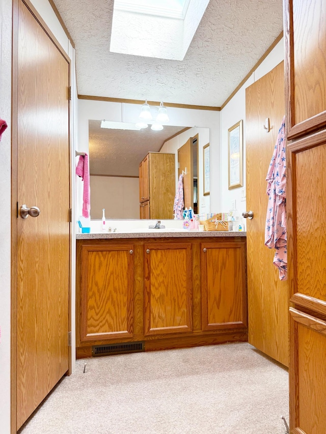20429 326th Ave Unit 15, Isle, MN 56342 - bathroom with a skylight, ornamental molding, vanity, and a textured ceiling