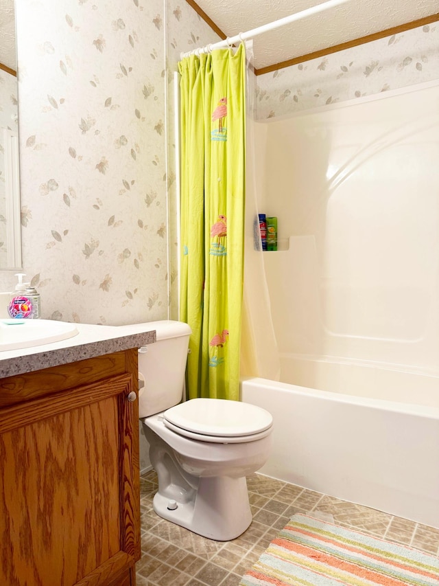 20429 326th Ave Unit 15, Isle, MN 56342 - full bathroom featuring wallpapered walls, vanity, shower / bath combo, and toilet