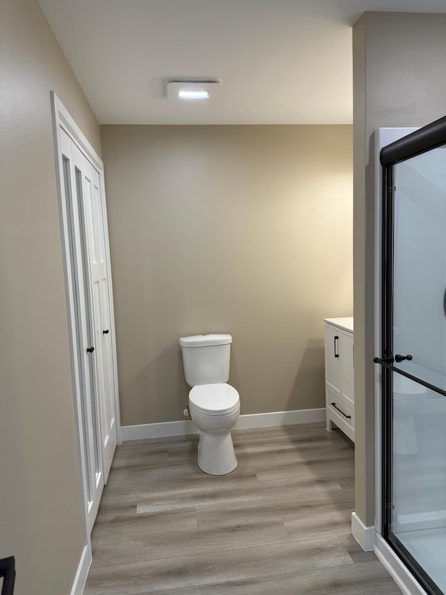 14646 Tradewinds Rd, Lake Eunice Twp, MN 56511 - bathroom featuring wood finished floors, baseboards, toilet, a shower with door, and vanity