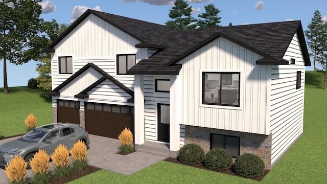 829 Grant St, Ellsworth, WI 54011 - modern farmhouse with roof with shingles, board and batten siding, a garage, and a front lawn