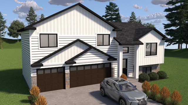 829 Grant St, Ellsworth, WI 54011 - modern farmhouse style home featuring a front yard, roof with shingles, stone siding, concrete driveway, and a garage