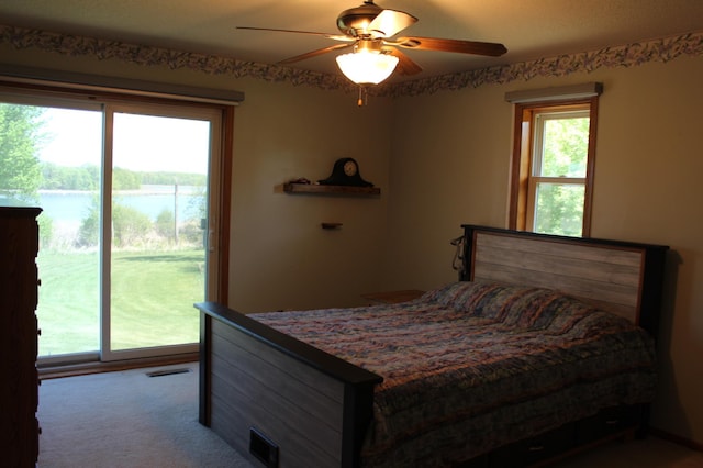 1803 214th Ave NE, East Bethel, MN 55011 - carpeted bedroom with a water view, access to exterior, and ceiling fan
