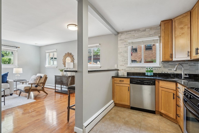 4515 Grand Ave S Unit 1, Minneapolis, MN 55419 - kitchen with dishwasher, baseboard heating, black gas stove, a sink, and decorative backsplash