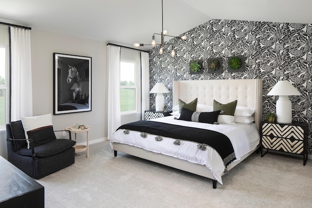 1165 Woods Creek Dr S, Delano, MN 55328 - bedroom with carpet flooring, lofted ceiling, and wallpapered walls