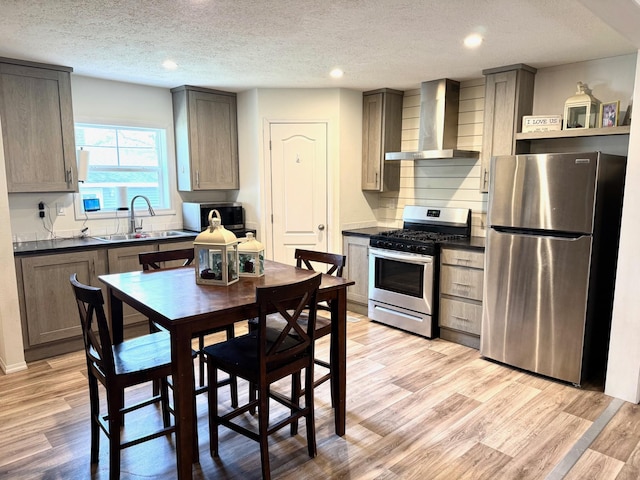 424 2nd St N, Greenbush, MN 56726 - kitchen with stainless steel appliances, wall chimney exhaust hood, a sink, dark countertops, and light wood-style floors