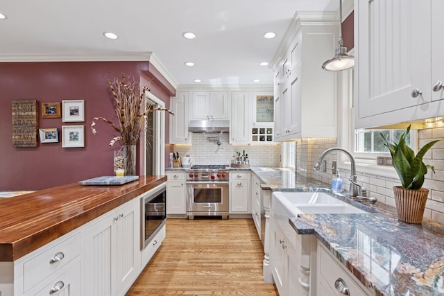 kitchen featuring stainless steel appliances, under cabinet range hood, wooden counters, white cabinetry, and ornamental molding