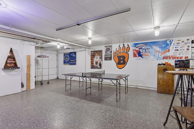 recreation room with speckled floor
