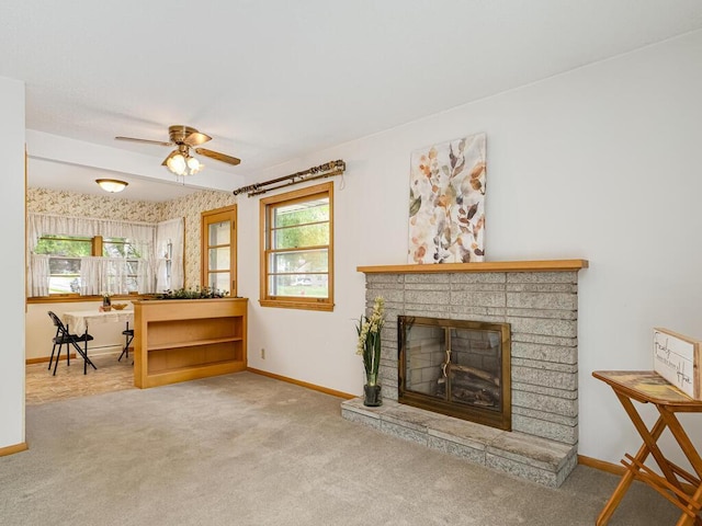 3401 Yukon Ave S, Saint Louis Park, MN 55426 - living room with baseboards, carpet floors, ceiling fan, and a brick fireplace