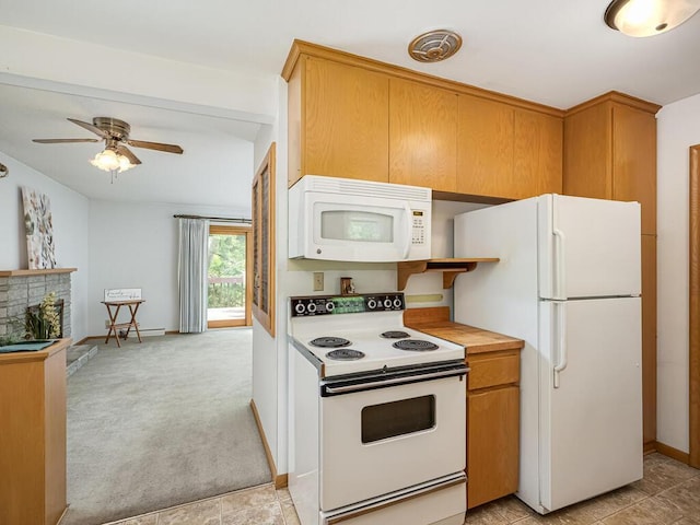 3401 Yukon Ave S, Saint Louis Park, MN 55426 - kitchen featuring white appliances, baseboards, a fireplace, a ceiling fan, and light colored carpet