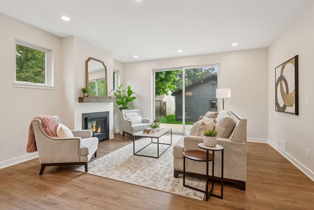 5350 41st Ave S, Minneapolis, MN 55417 - living area featuring a glass covered fireplace, baseboards, wood finished floors, and recessed lighting