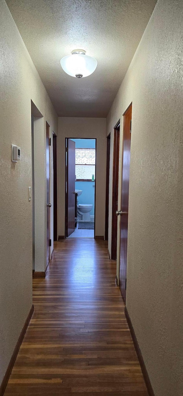 114 6th Ave, Albert Lea, MN 56007 - corridor with a textured wall, dark wood-style floors, baseboards, and a textured ceiling