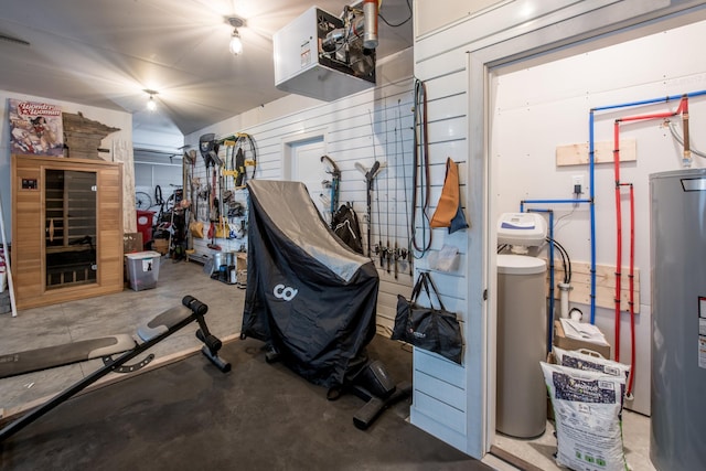 garage with electric water heater