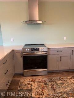 1706 57th Ave, Hammond, WI 54015 - kitchen featuring range hood, stainless steel range with electric stovetop, gray cabinetry, and light countertops