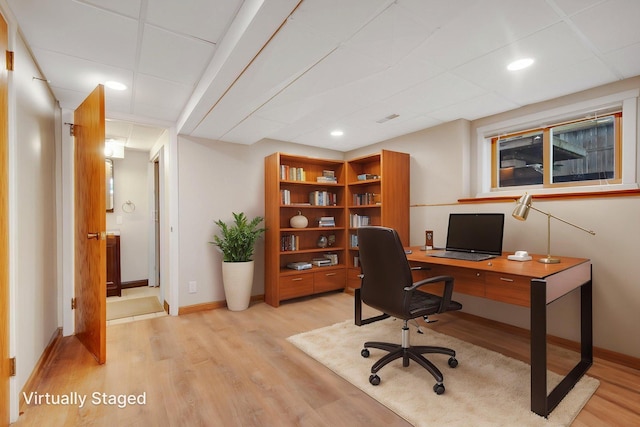 22718 Martin Lake Dr NE, Linwood Twp, MN 55092 - office with a paneled ceiling, light wood-style floors, and recessed lighting