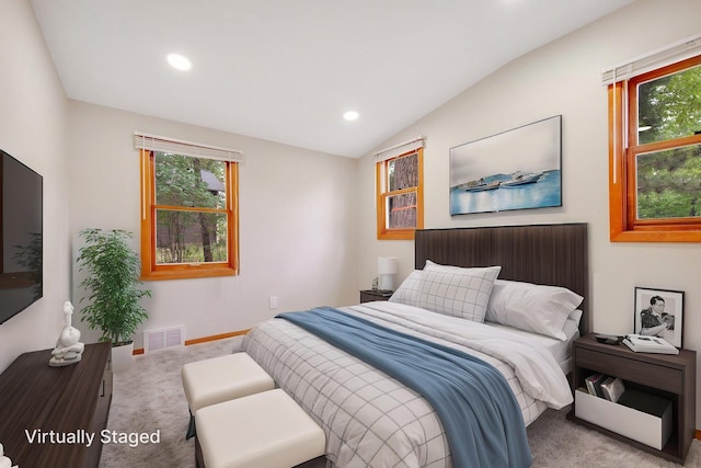 22718 Martin Lake Dr NE, Linwood Twp, MN 55092 - bedroom with carpet flooring, lofted ceiling, multiple windows, and recessed lighting