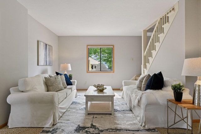 2452 Black Lake Rd, Spring Park, MN 55384 - living area featuring stairway, baseboards, and carpet floors