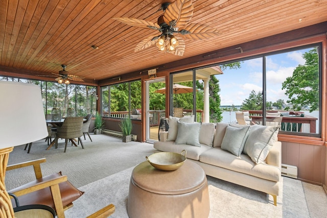 2452 Black Lake Rd, Spring Park, MN 55384 - sunroom with ceiling fan, baseboard heating, an outdoor living space, and outdoor dining space