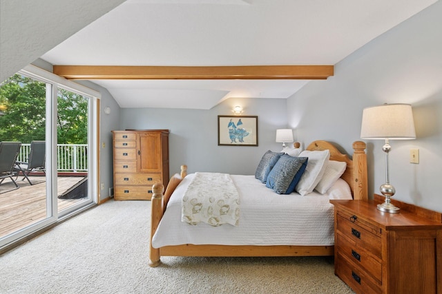 2452 Black Lake Rd, Spring Park, MN 55384 - bedroom featuring access to outside, light carpet, and beamed ceiling