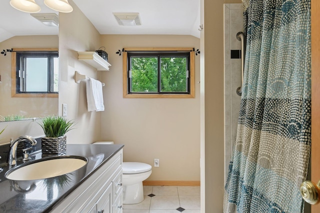 2452 Black Lake Rd, Spring Park, MN 55384 - bathroom featuring vanity, toilet, vaulted ceiling, tile patterned flooring, and a shower with curtain