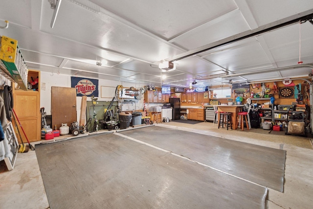 2452 Black Lake Rd, Spring Park, MN 55384 - garage with a workshop area, a garage door opener, and freestanding refrigerator