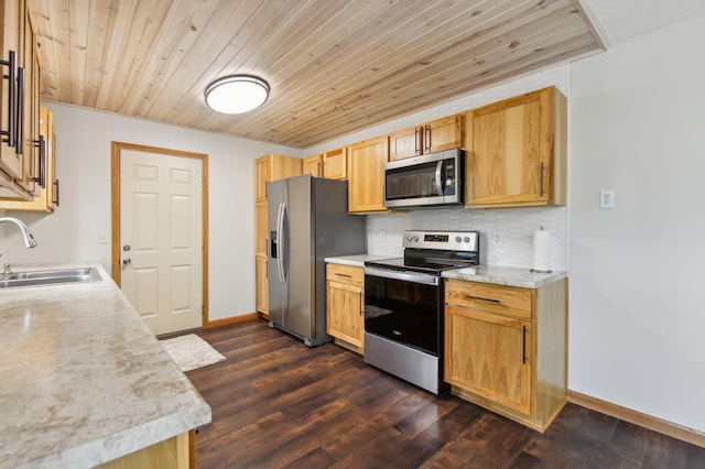 kitchen featuring appliances with stainless steel finishes, a sink, wooden ceiling, tasteful backsplash, and light countertops