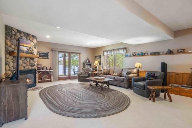 14464 Grouse Ln, Fifty Lakes, MN 56448 - living area with carpet, recessed lighting, and a stone fireplace