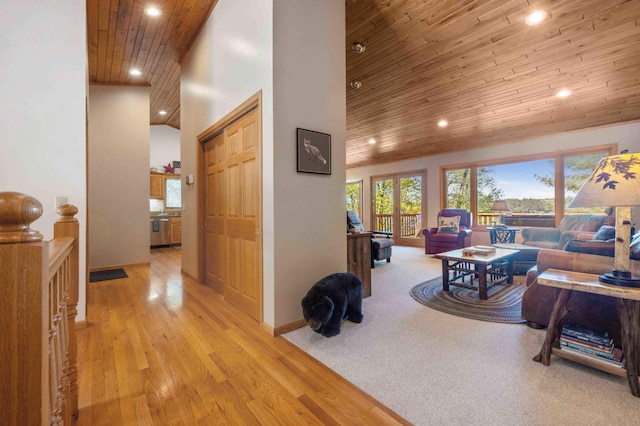 14464 Grouse Ln, Fifty Lakes, MN 56448 - living room featuring wooden ceiling, recessed lighting, healthy amount of natural light, and light wood finished floors