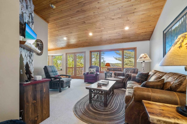 14464 Grouse Ln, Fifty Lakes, MN 56448 - living area featuring carpet floors, wood ceiling, recessed lighting, and vaulted ceiling