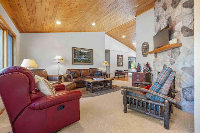 14464 Grouse Ln, Fifty Lakes, MN 56448 - living area featuring wood ceiling, carpet floors, recessed lighting, and vaulted ceiling