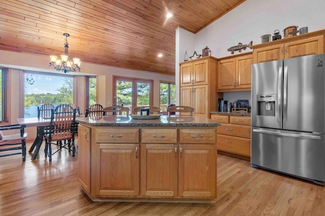 14464 Grouse Ln, Fifty Lakes, MN 56448 - kitchen with stainless steel fridge with ice dispenser, wooden ceiling, vaulted ceiling, a kitchen island, and a chandelier
