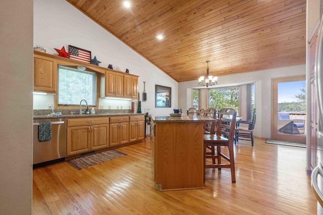 14464 Grouse Ln, Fifty Lakes, MN 56448 - kitchen with dishwasher, wooden ceiling, a kitchen bar, a chandelier, and a kitchen island