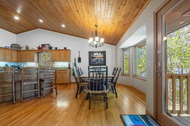 14464 Grouse Ln, Fifty Lakes, MN 56448 - dining area with lofted ceiling, a chandelier, wood ceiling, plenty of natural light, and light wood-style flooring