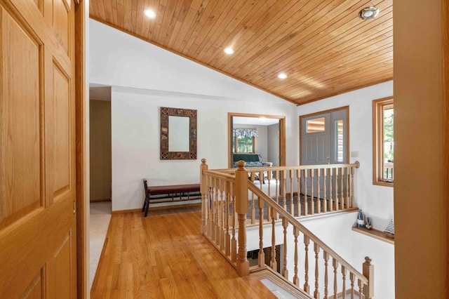 14464 Grouse Ln, Fifty Lakes, MN 56448 - hallway featuring an upstairs landing, wooden ceiling, vaulted ceiling, recessed lighting, and light wood-type flooring