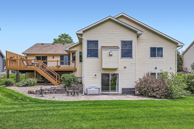 13546 Maryland Ave, Savage, MN 55378 - rear view of house with a wooden deck, a lawn, a patio area, and stairway
