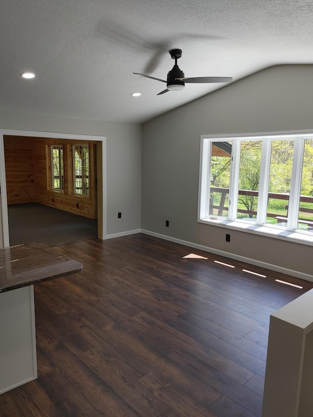 3245 Laketown Rd, Sturgeon Lake, MN 55783 - empty room with ceiling fan, dark wood finished floors, a textured ceiling, vaulted ceiling, and baseboards
