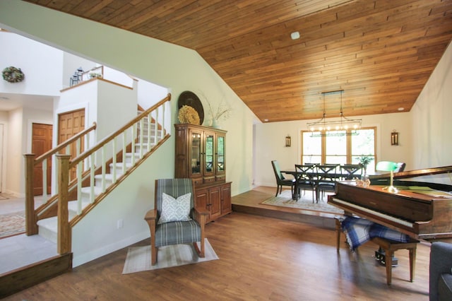 10551 Shore Dr, Merrifield, MN 56465 - sitting room featuring wood ceiling, stairway, high vaulted ceiling, and wood finished floors