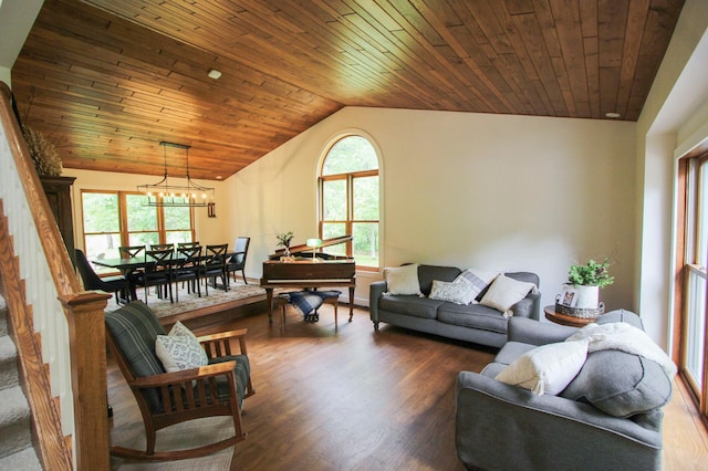 10551 Shore Dr, Merrifield, MN 56465 - living room featuring lofted ceiling, a chandelier, wood finished floors, and wood ceiling