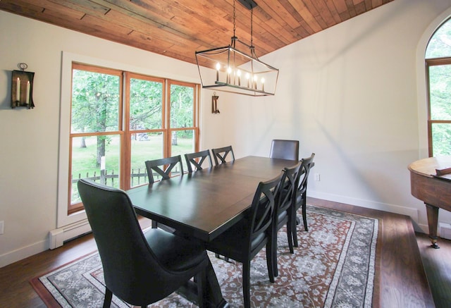 10551 Shore Dr, Merrifield, MN 56465 - dining area featuring wooden ceiling, a baseboard radiator, baseboards, a chandelier, and wood finished floors