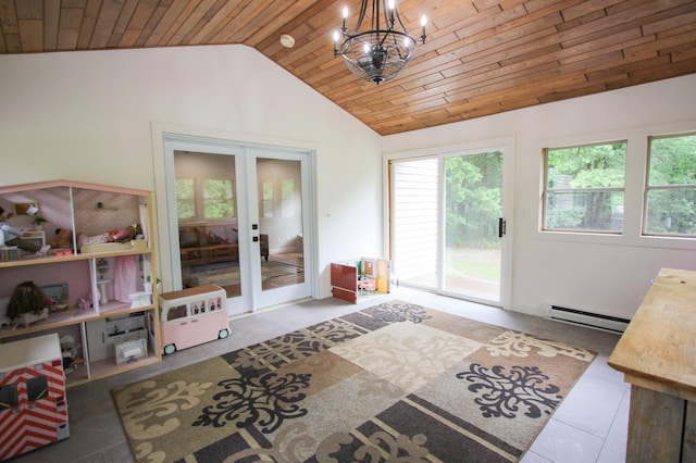 10551 Shore Dr, Merrifield, MN 56465 - sunroom / solarium with french doors, vaulted ceiling, a chandelier, and a baseboard radiator