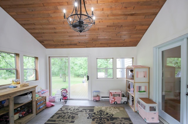 10551 Shore Dr, Merrifield, MN 56465 - game room featuring wood ceiling, vaulted ceiling, a baseboard radiator, and a chandelier
