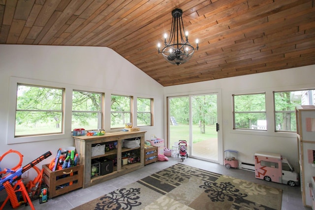 10551 Shore Dr, Merrifield, MN 56465 - playroom with wood ceiling, lofted ceiling, a chandelier, tile patterned floors, and a baseboard heating unit
